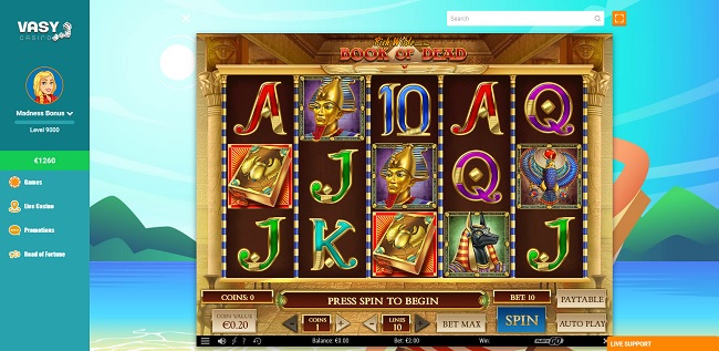 vasy casino single game page