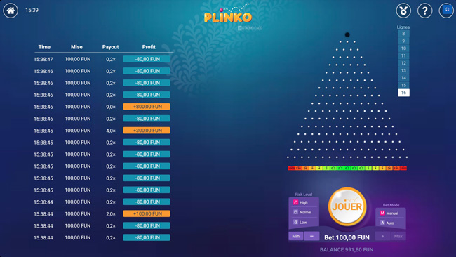 Configuration pour les joueurs highroller Plinko Madness Bonus