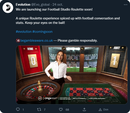 Tweet Evolution qui annonce l'arrivée prochainement de la Football Studio Roulette