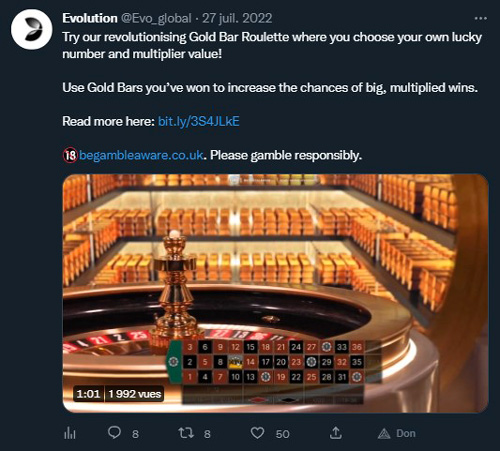 Tweet annonce Gold Bar Roulette Evolution